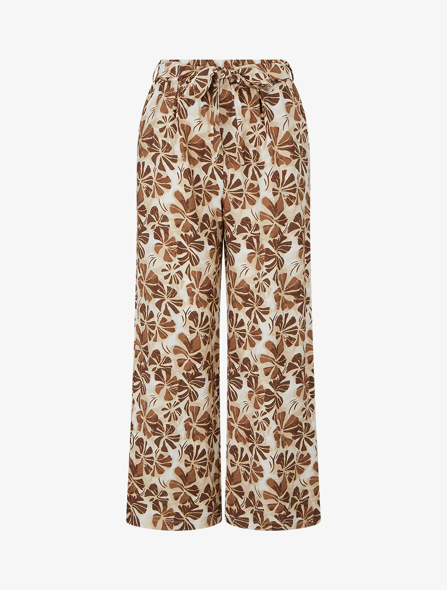 Pantalon élastiqué coupe droite imprimé fleuri - Marron - 1