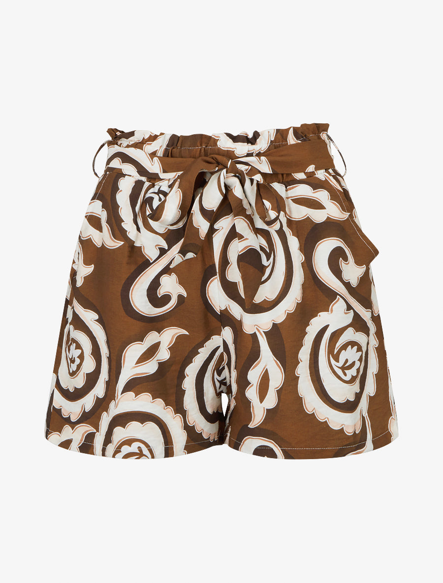 Short droit élastiqué imprimé arabesque - Marron - 1