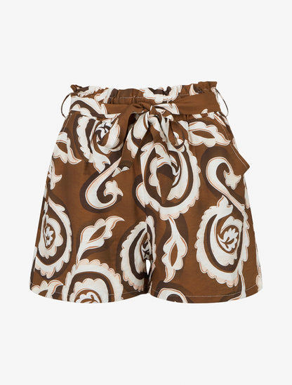 Short droit élastiqué imprimé arabesque - Marron - 1