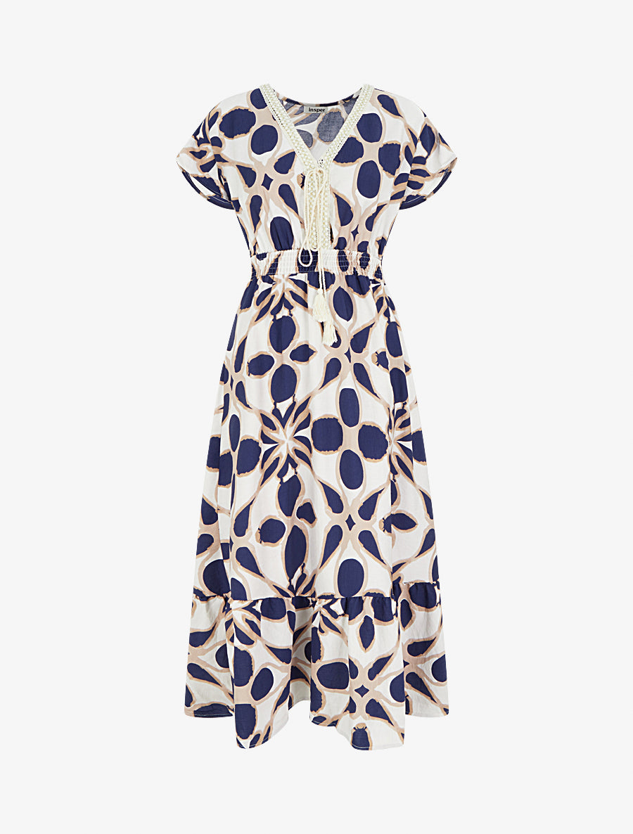 Robe à imprimé fantaisie et col en crochet - Marine - 1