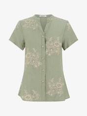 Blouse manches courtes à broderies fleuries - Kaki - 1