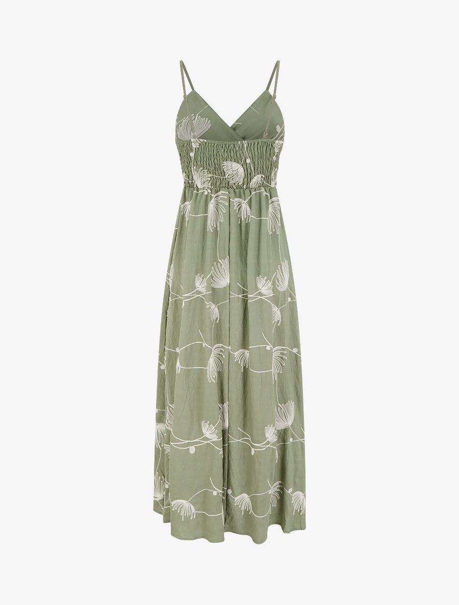 Robe longue empire à broderies végétales - Kaki - 2