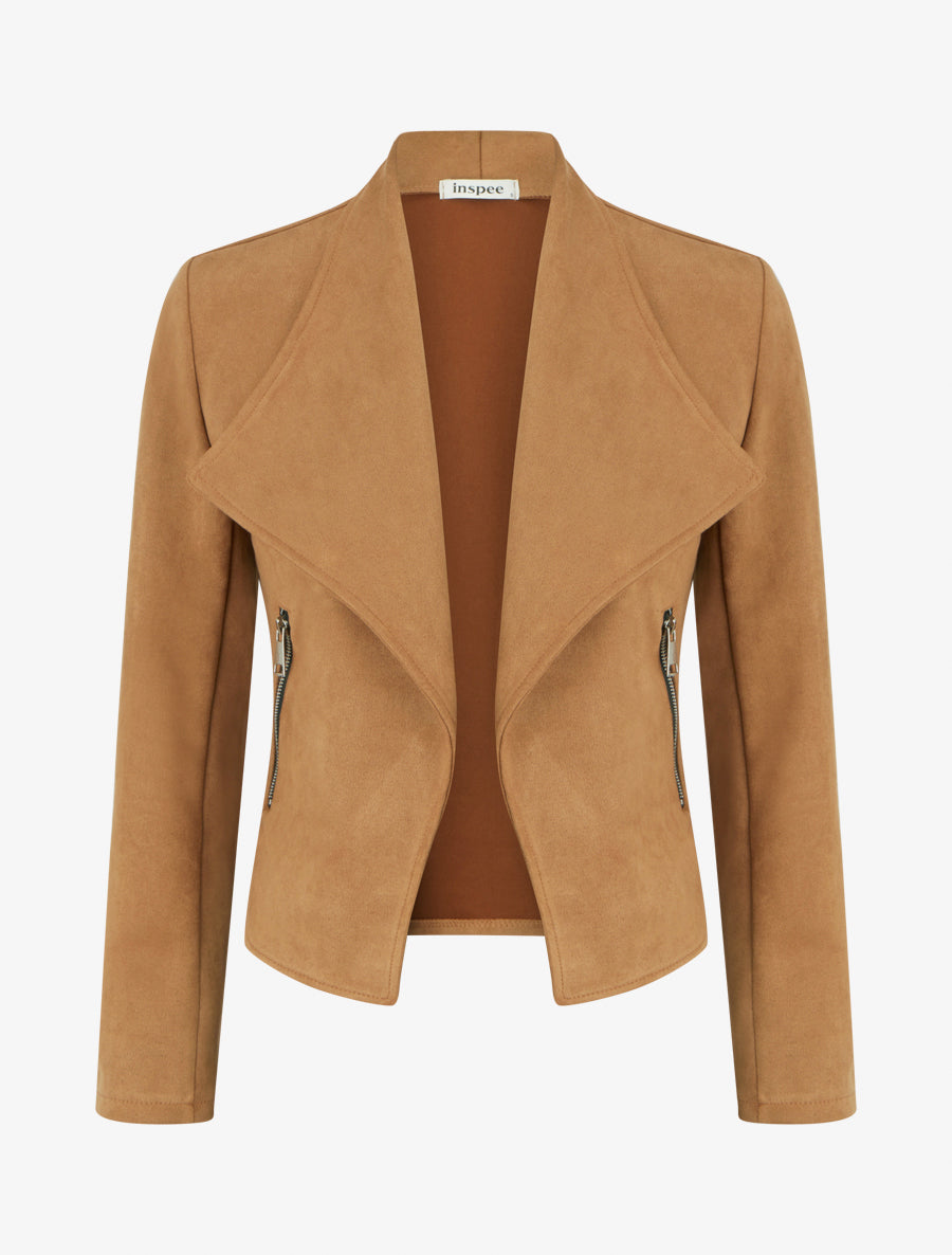 Chaqueta de ante con bolsillos decorativos con cremallera. - Camello