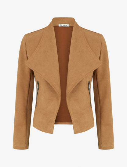 Chaqueta de ante con bolsillos decorativos con cremallera. - Camello