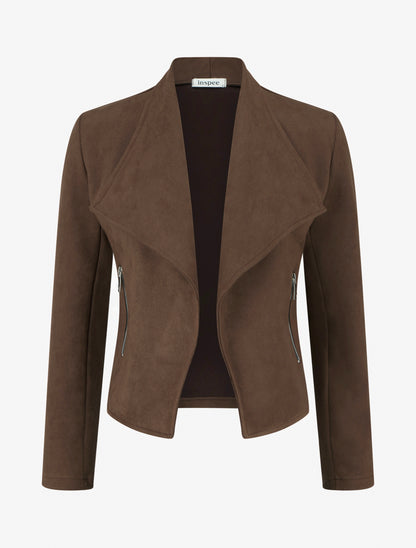 Chaqueta de ante con bolsillos decorativos con cremallera. - Marrón