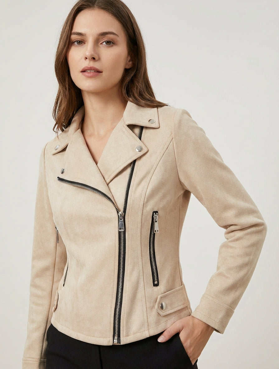 Chaqueta de gamuza con cierre de cremallera - Beis