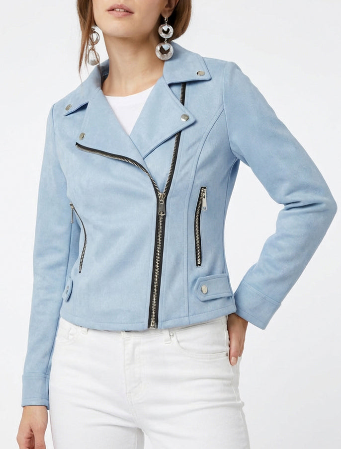 Chaqueta de gamuza con cierre de cremallera - Azul cielo