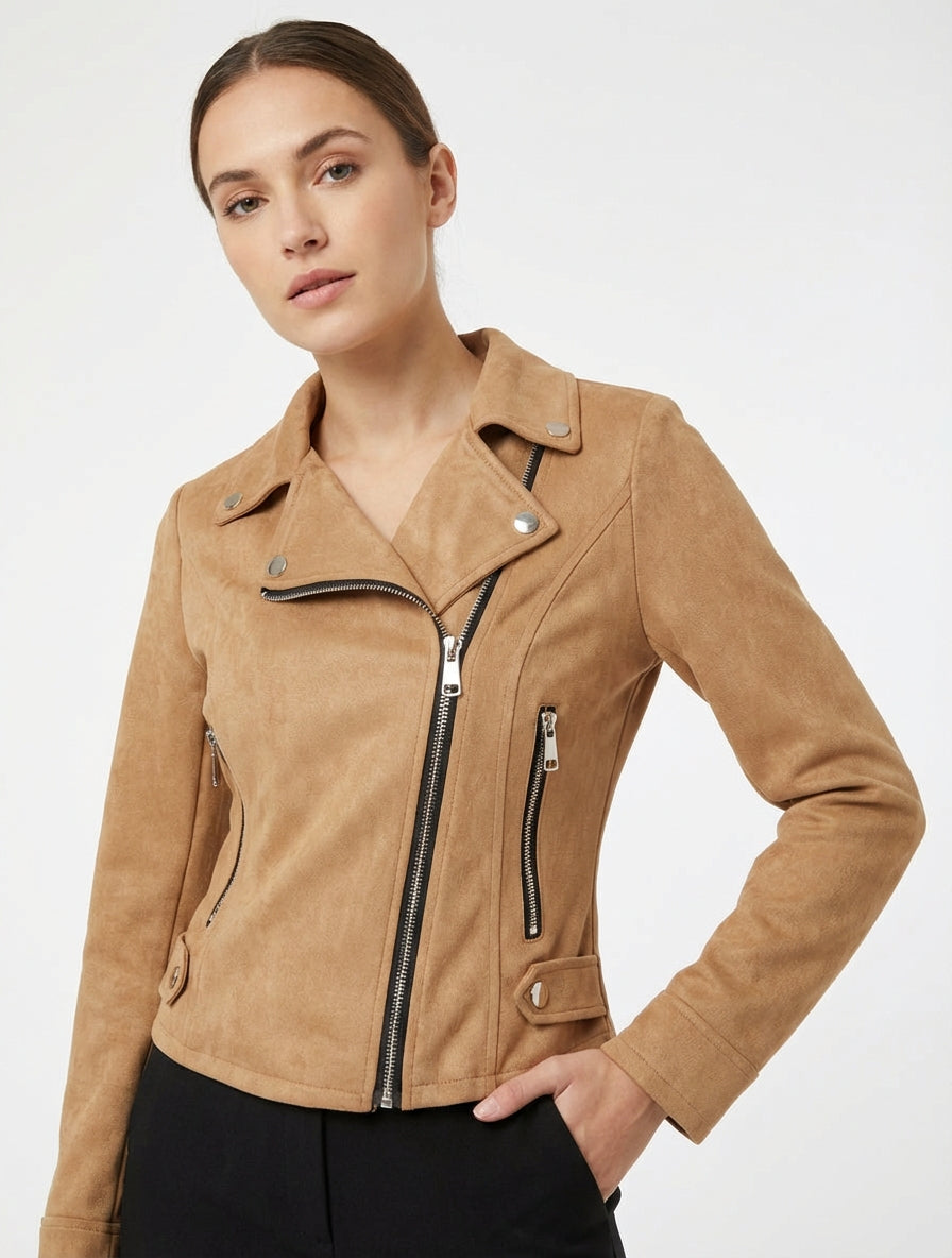 Chaqueta de gamuza con cierre de cremallera - Camello