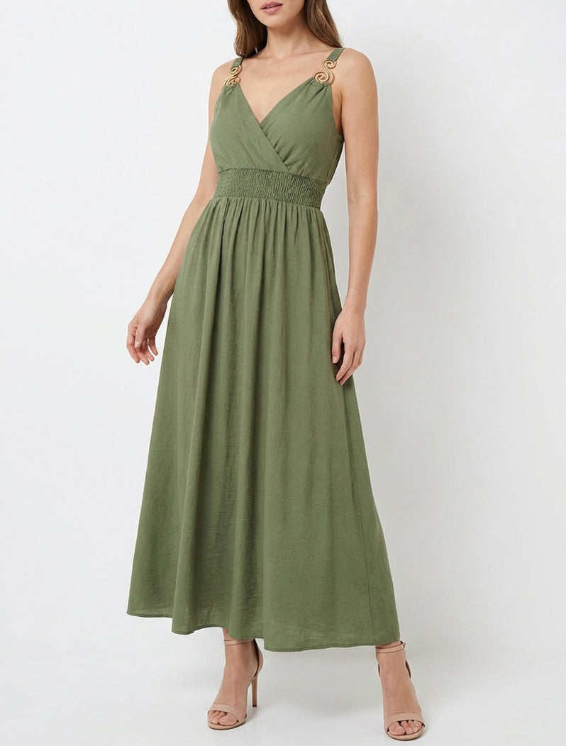 Vestido largo con tirantes de joya - Caqui