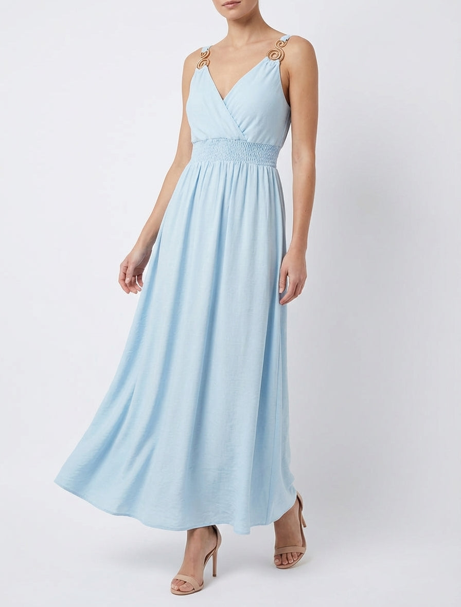 Vestido largo con tirantes de joya - Azul cielo