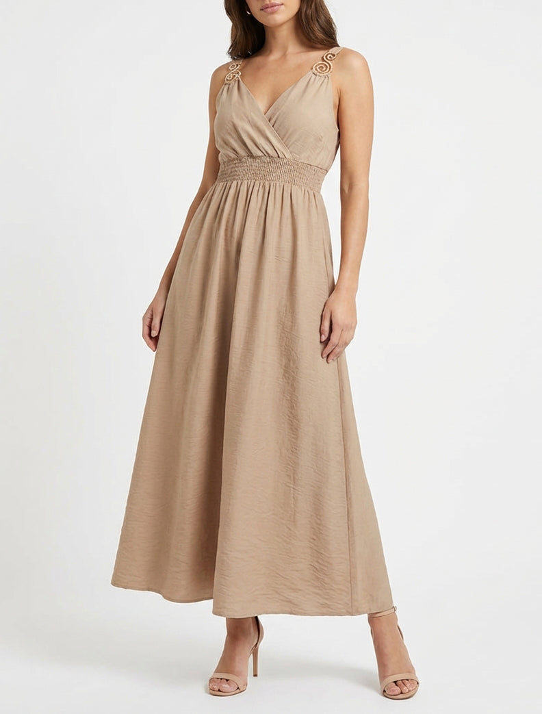 Vestido largo con tirantes de joya - Beis