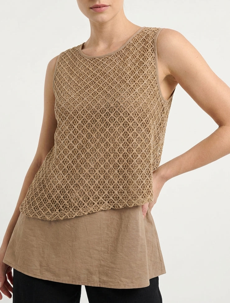 Top derecho sin mangas de crochet - Camello