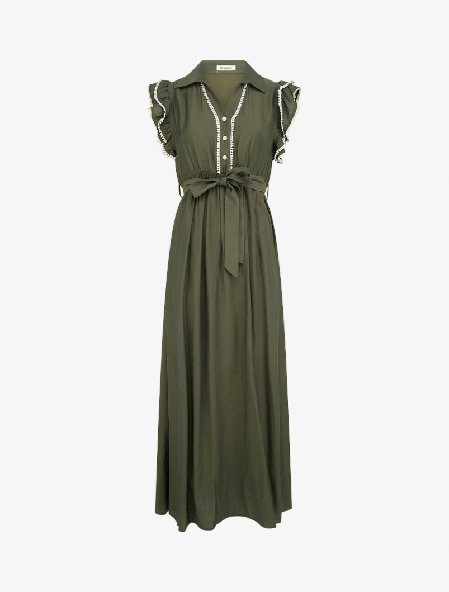 Robe longue à mancherons volantés en crochet - Kaki - 1