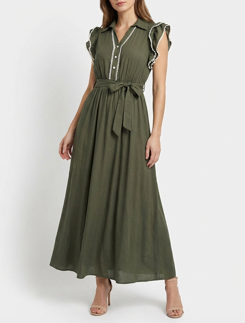 Vestido largo con mangas con volantes de crochet. - Caqui