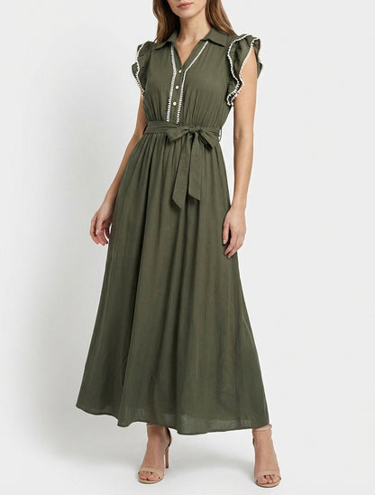 Vestido largo con mangas con volantes de crochet. - Caqui
