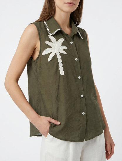 Camisa sin mangas con bordado de palmera - Caqui