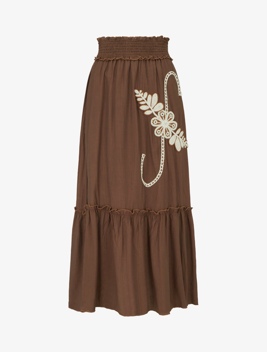 Jupe longue évasée à motif floral brodé - Marron - 1