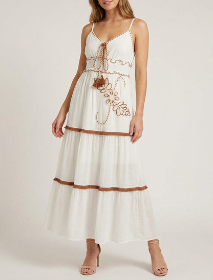 Vestido largo de tirantes finos y bordado floral - Blanco