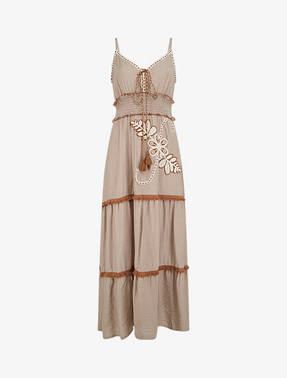 Robe longue à fines bretelles et broderie florale - Taupe - 1