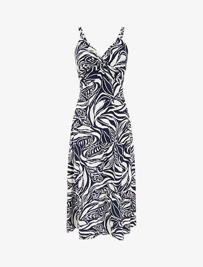 Robe longue à bretelles et imprimé stylisé - Marine - 1