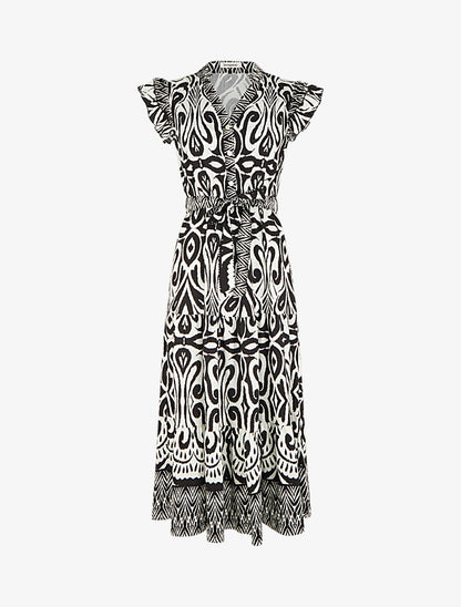 Robe longue graphique coupe évasée - Noir - 1