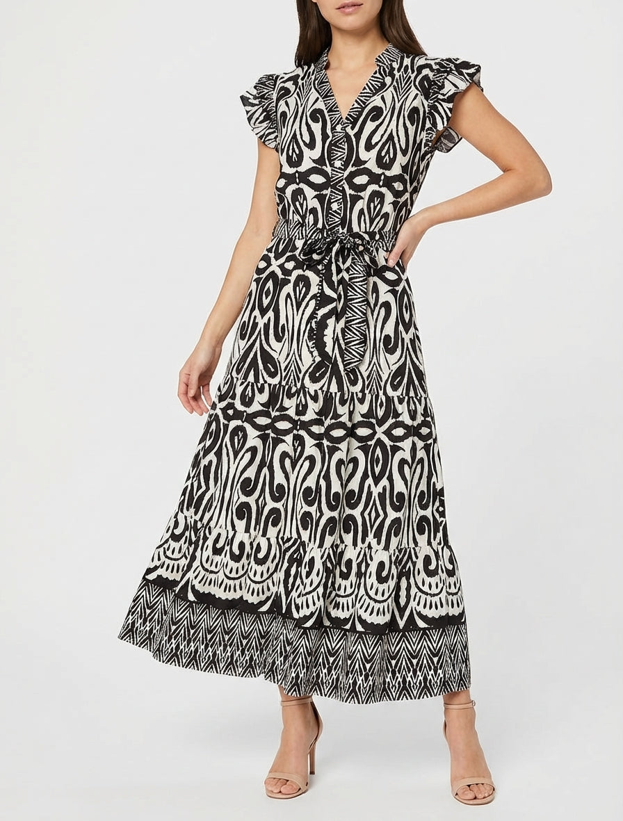 Vestido largo gráfico corte evasé - Negro