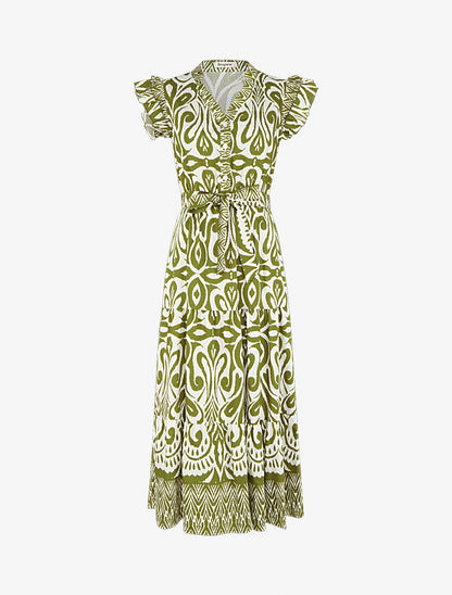 Robe longue graphique coupe évasée - Kaki - 1