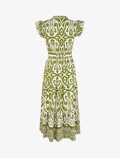 Robe longue graphique coupe évasée - Kaki - 2