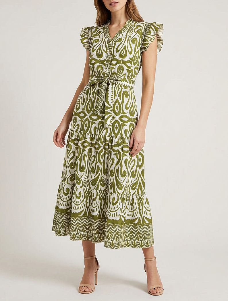 Vestido largo gráfico corte evasé - Caqui