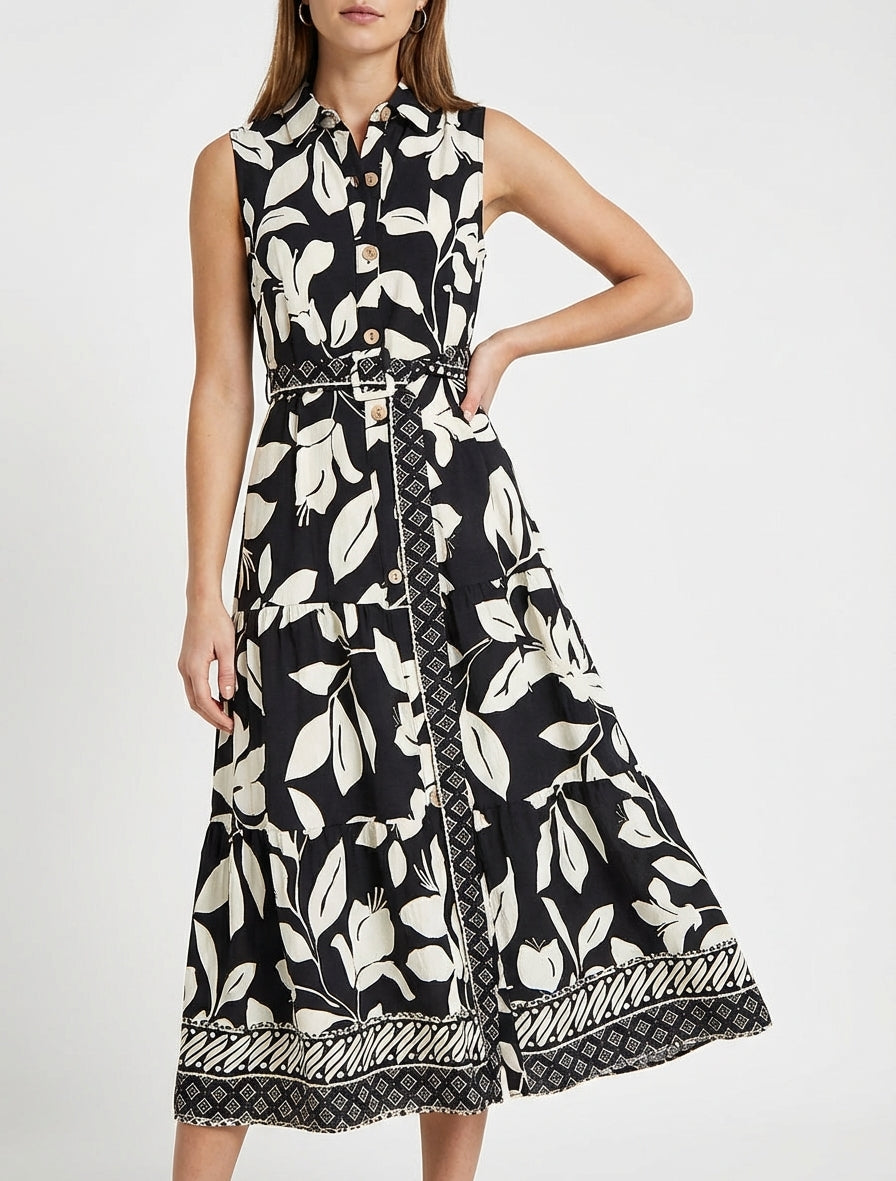 Vestido camisero estampado de flores tropicales - Negro