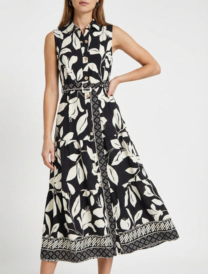 Vestido camisero estampado de flores tropicales - Negro