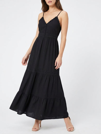 Vestido elástico con inserciones de crochet - Negro