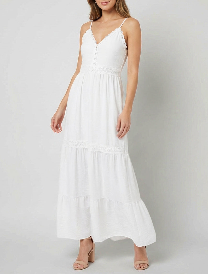 Vestido elástico con inserciones de crochet - Blanco