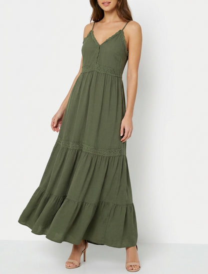 Vestido elástico con inserciones de crochet - Caqui