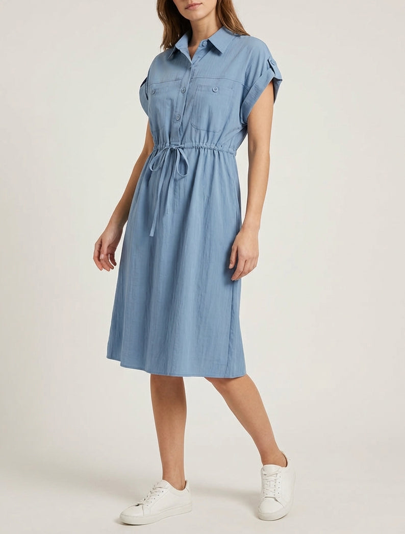 Vestido recto liso de manga corta - Azul