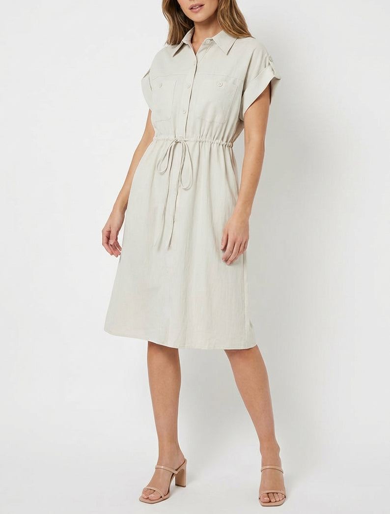 Vestido recto liso de manga corta - Beis