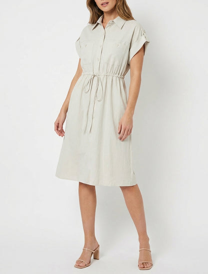 Vestido recto liso de manga corta - Beis