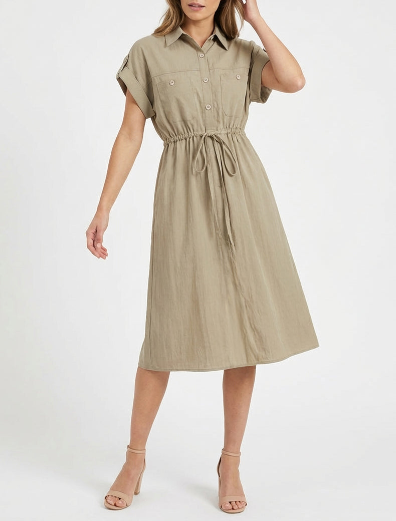 Vestido recto liso de manga corta - Caqui claro