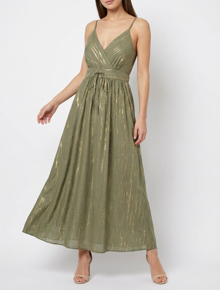 Vestido elástico liso con detalle irisado - Caqui