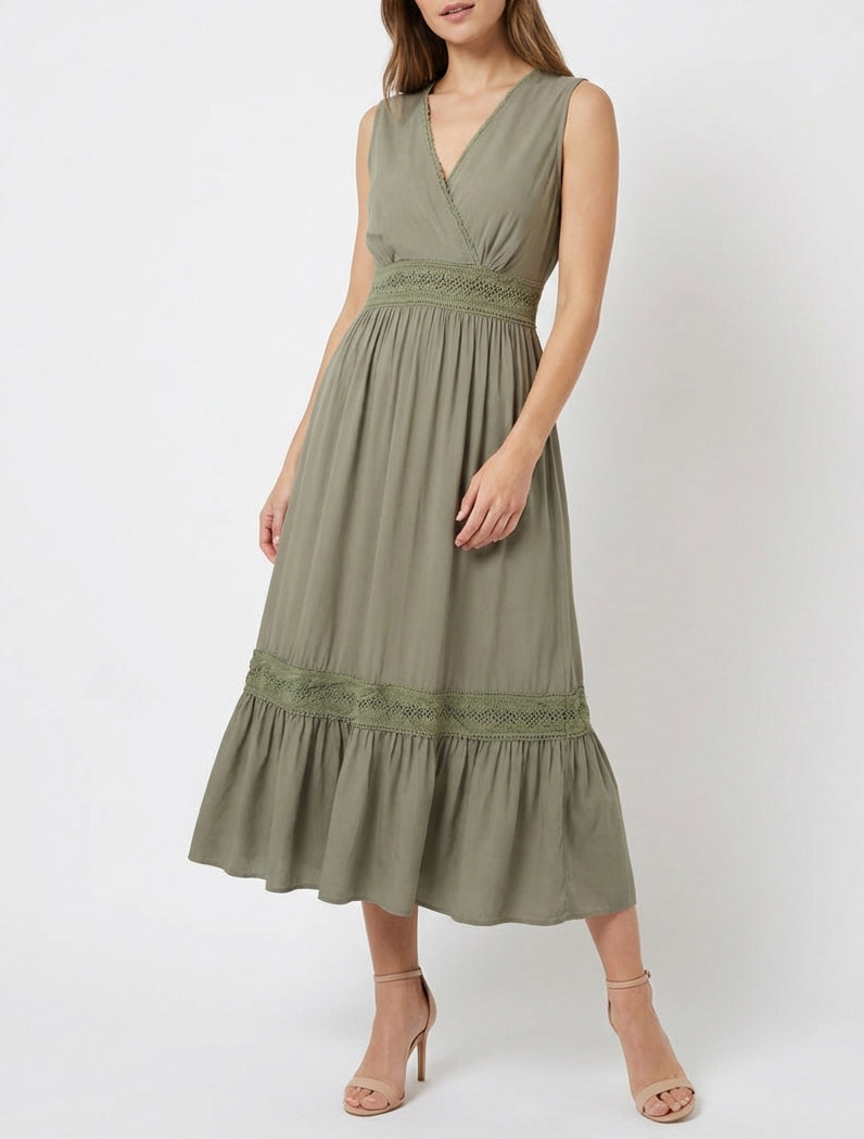 Vestido sin mangas con bordados - Caqui