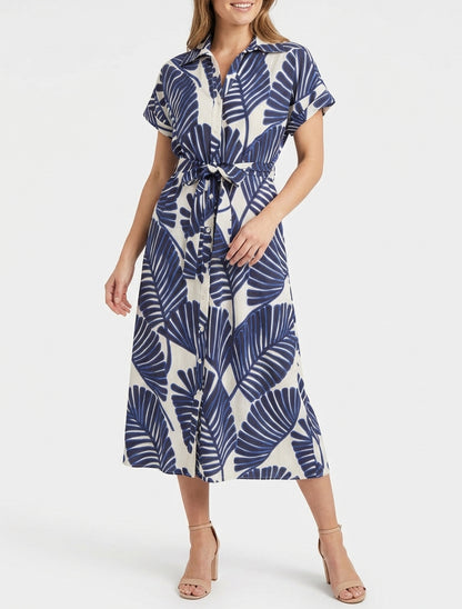 Vestido camisero estampado tropical de mangas cortas - Azul