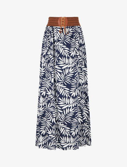 Jupe longue imprimé feuillages à taille élastiquée - Marine - 1
