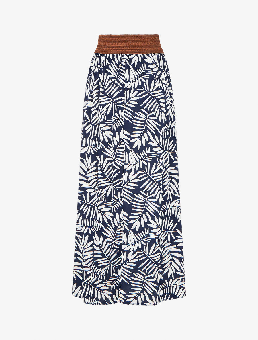Jupe longue imprimé feuillages à taille élastiquée - Marine - 2