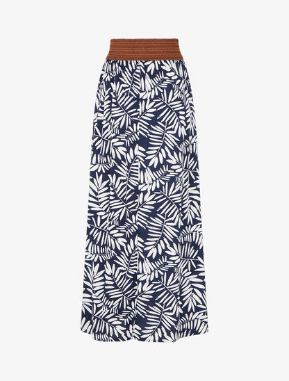 Jupe longue imprimé feuillages à taille élastiquée - Marine - 2