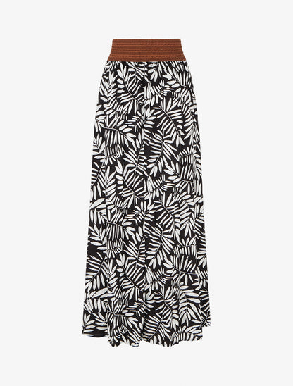 Jupe longue imprimé feuillages à taille élastiquée - Noir - 2
