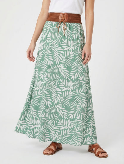Falda larga estampada con hojas y cintura elástica. - Verde agua