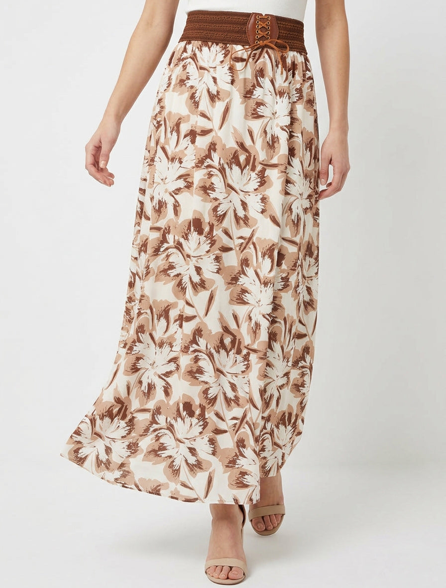 Falda larga elástica estampado floral - Marrón