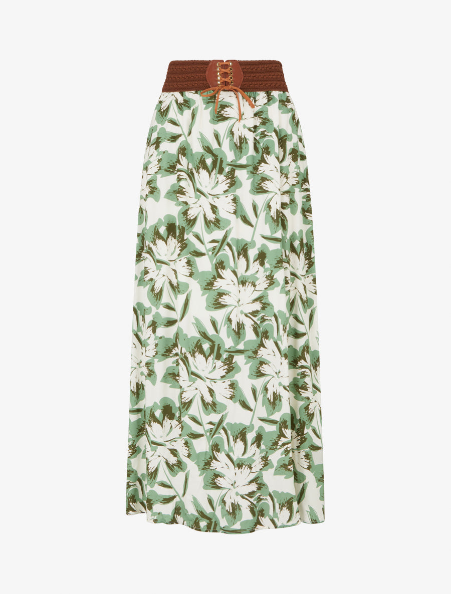 Jupe longue élastiquée imprimé fleuri - Vert - 1