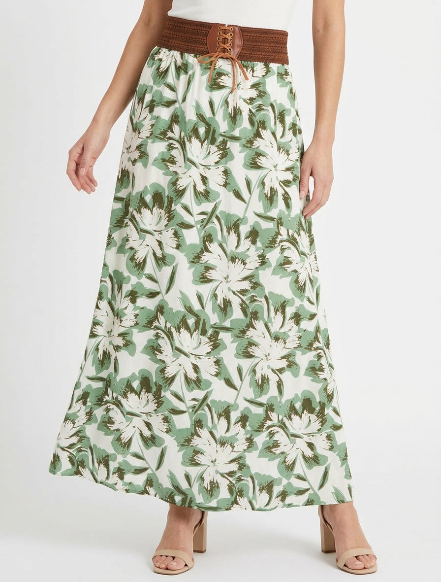 Falda larga elástica estampado floral - Verde