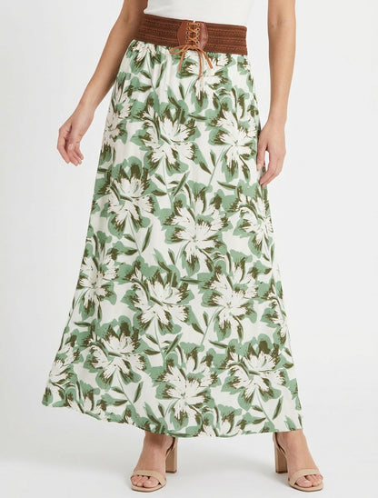 Falda larga elástica estampado floral - Verde
